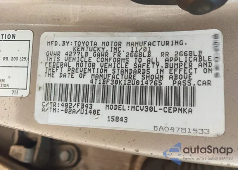 2002 Toyota Camry Le V6 z USA, uszkodzony, nr VIN 4T1BF30K12U014765